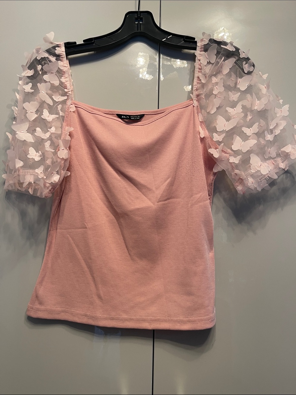 SHEIN Pink Square Neck Top with 3D Butterfly Puff Sleeves